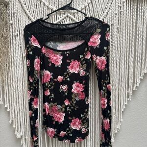 rue21 Black Long-Sleeve Floral Top with Pink Rose Print
